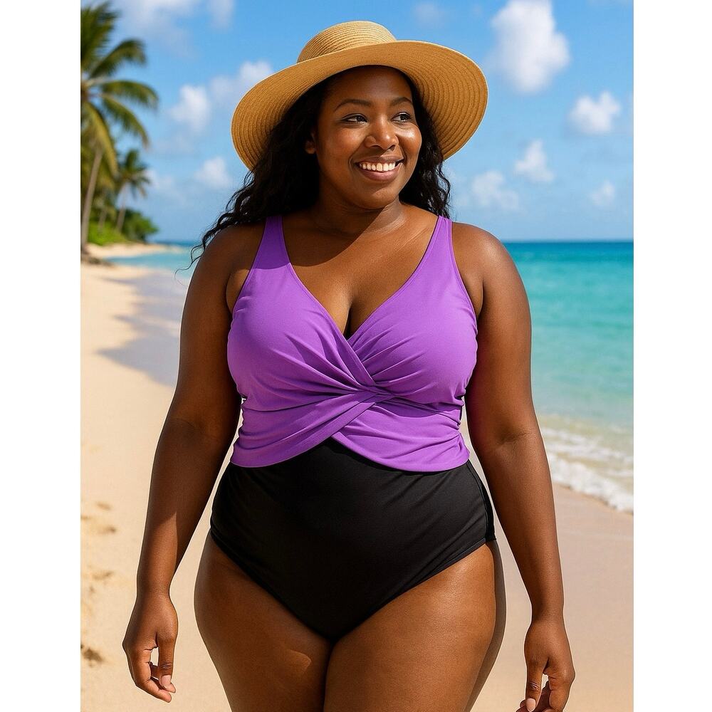 Coldwater Creek Size 14 Purple Black Twist Front One Piece Swimsuit Flattering